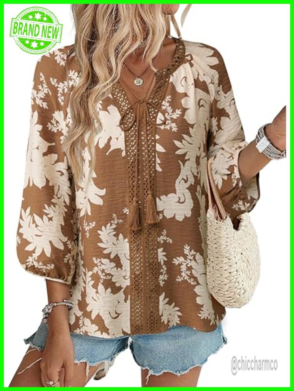 3/4 Sleeve Boho Tunic Blouse V Neck Floral Print Loose Fit